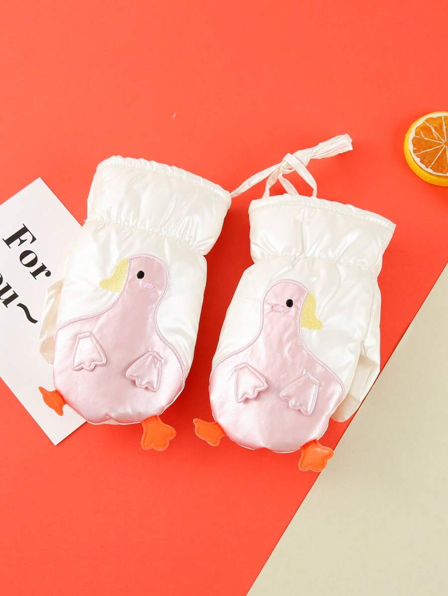 1pair Winter Cartoon Big White Goose Design Fully Wrapped Neck Hanging Gloves For Baby Boy & Girl, With Thick Plush Inside For Warmth - White - View 1