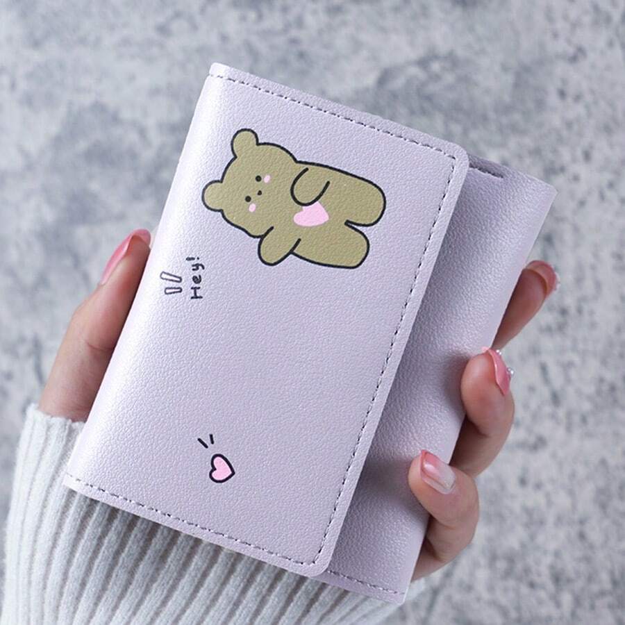 1入韓式三折式短款錢包,印花設計可愛簡單,多卡槽學生漫畫手幣包 - 紫色 - 查看 1
