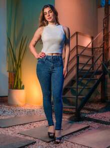 Women Jeans - 中等水洗藍 - 查看 3