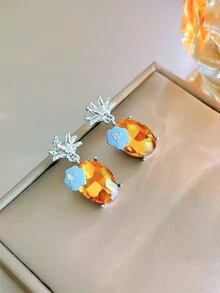 1pair Fashionable And Minimalist Yellow Crystal Pineapple & Blue Flower Stud Earrings, Exquisite And Elegant Women's Jewelry - Multicolor - View 3