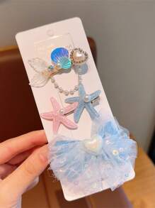 3入組女孩髮夾套裝,含貝殼,珍珠,海星,魚尾,網紗,雙層蝴蝶結裝飾 - 彩色 - 查看 4