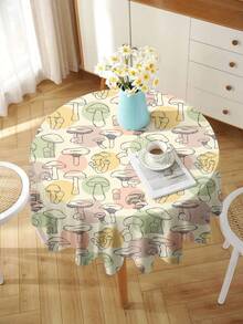 1pc Cartoon Hand-Drawn Mushroom Pattern Tablecloth, Round Printed Waterproof Tablecloth Suitable For Family Gathering, Picnic, Kitchen And Dining Room Table Decoration, Coffee Tablecloth, And Durable Tablecloth Pad - Multicolor - View 1