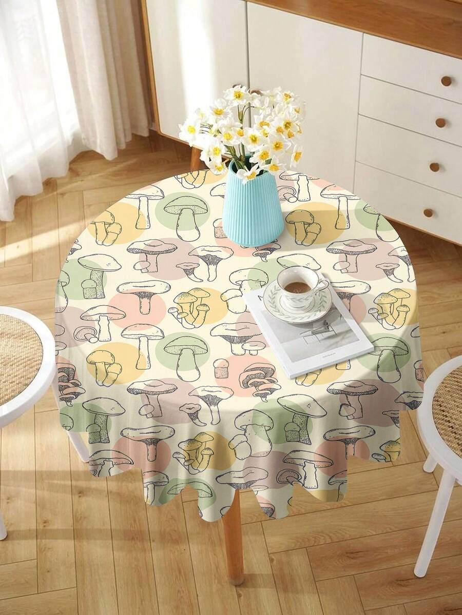 1pc Cartoon Hand-Drawn Mushroom Pattern Tablecloth, Round Printed Waterproof Tablecloth Suitable For Family Gathering, Picnic, Kitchen And Dining Room Table Decoration, Coffee Tablecloth, And Durable Tablecloth Pad - Multicolor - View 1