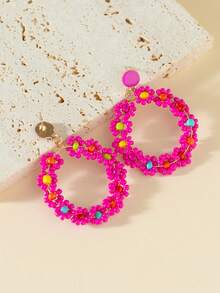 1對歐美風格時尚女士手工編織花&米珠耳環 - 玫紅色 - 查看 3