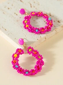 1對歐美風格時尚女士手工編織花&米珠耳環 - 玫紅色 - 查看 5