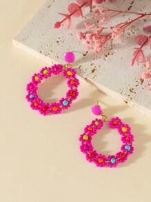 1對歐美風格時尚女士手工編織花&米珠耳環 - 玫紅色 - 查看 2