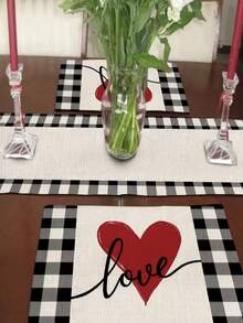 1 件，情人节心形图案餐垫，12x18 英寸心形季节性农舍粗麻布水牛格子室内厨房餐桌装饰，适用于家庭派对、餐厅餐垫、餐饮派对用品 - 黑與白 - 查看 3