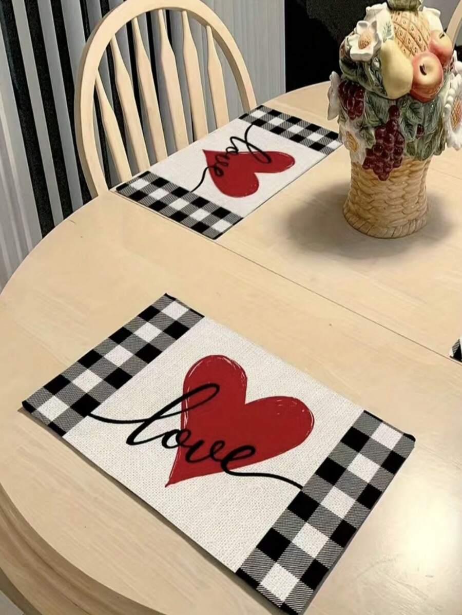 1 件，情人节心形图案餐垫，12x18 英寸心形季节性农舍粗麻布水牛格子室内厨房餐桌装饰，适用于家庭派对、餐厅餐垫、餐饮派对用品 - 黑與白 - 查看 1
