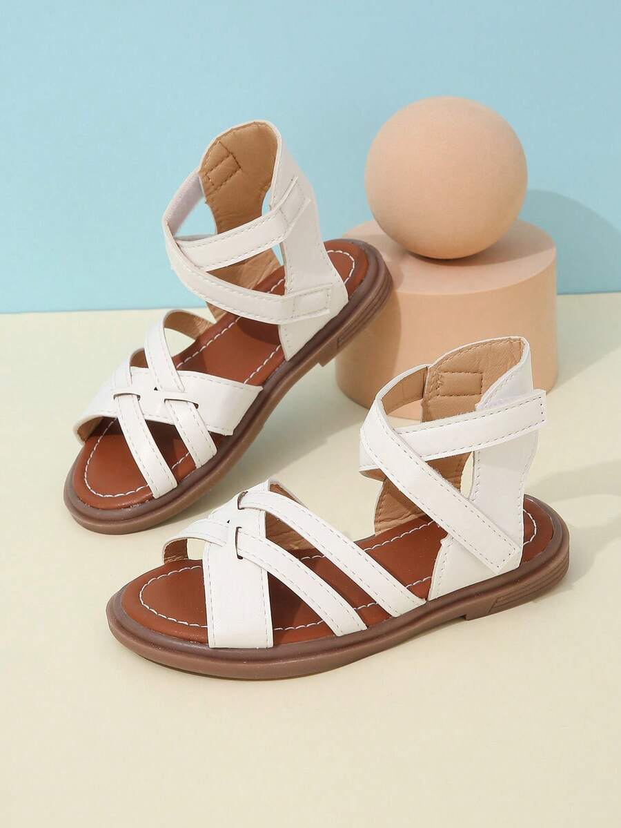 1pair Kids' Anti-Slip Comfortable Flat Weave Fashionable Hollow Out Roman Sandals - White - View 1