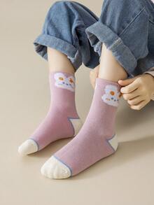 5 雙/套 女童加厚條紋兔子圖案中筒襪 - 彩色 - 查看 3