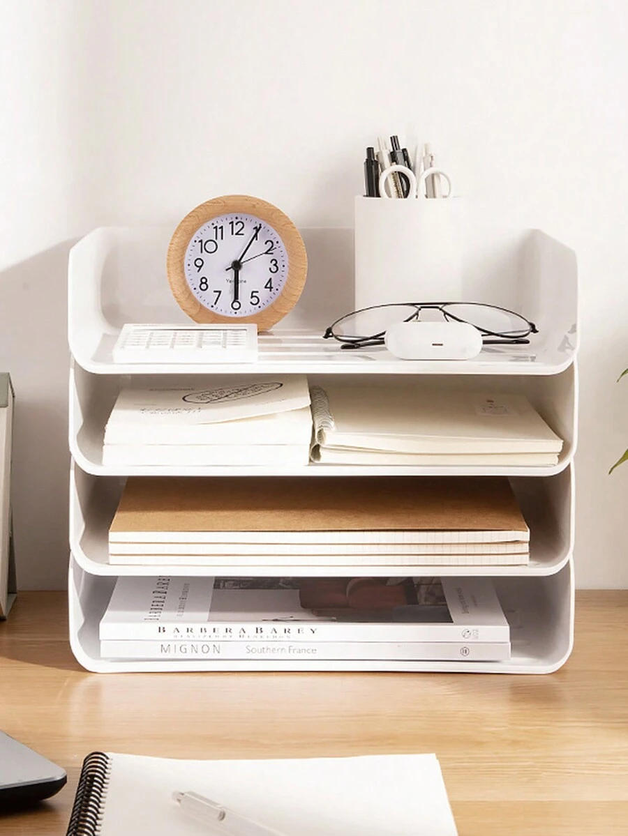 4pcs/Set Stackable Desktop Multi-Layer A4 Paper Storage Box With Flexible Drawer Design, Office Organizer, Magazine Holder - White - View 1