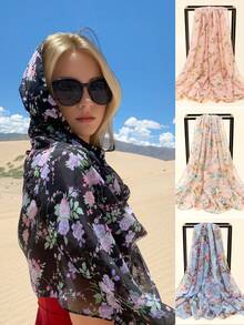 1pc Lady's Chiffon Sunscreen Scarf Thin Shawl For Travel And Photography, Design - Black - View 1