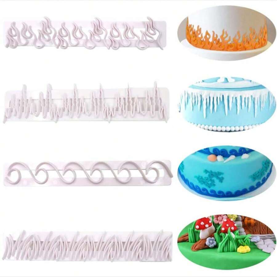 4 Piezas De Cortadores De Repostería En Forma De Césped, Ondas, Fuego Y Hielo Para Decorar Pasteles, Galletas, Pasteles Para Bodas Y Cumpleaños - Blanco - Ver 1