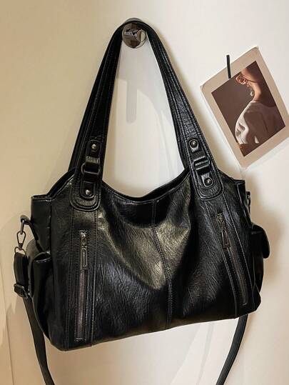 1개 빈티지 솔리드 컬러 PU 대용량 숄더백, 패션 통근 겨드랑이 가방, 다용도 핸드백, 지퍼 장식 크로스바디백, 사무실, 통근, 쇼핑, 휴가, 여행에 적합