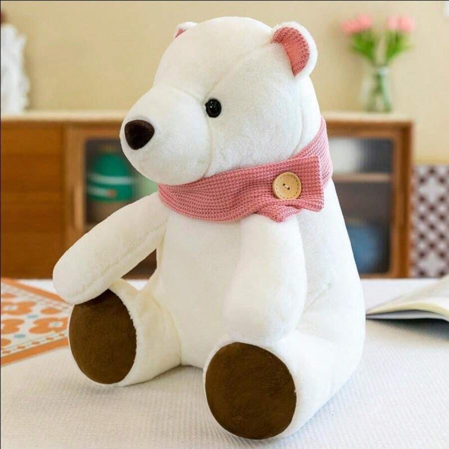1隻帶有紫色圍巾的創意白色熊毛絨玩具,可用作坐墊娃娃或枕頭,新年&生日禮物 - 粉色 - 查看 1