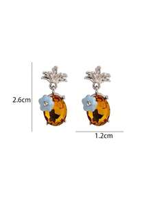 1pair Fashionable And Minimalist Yellow Crystal Pineapple & Blue Flower Stud Earrings, Exquisite And Elegant Women's Jewelry - Multicolor - View 5