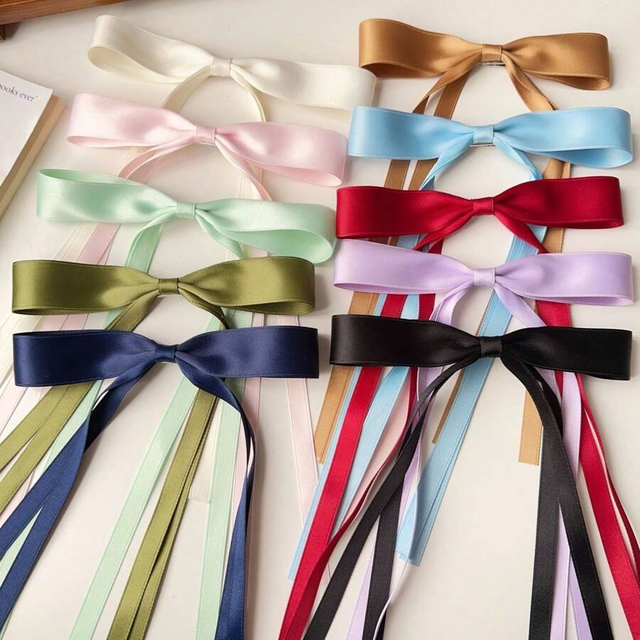 1 件适合女孩的小发饰和长尾巴，缎面双层蝴蝶结夹蝴蝶结发夹发夹适用于法式发饰，适合女士女孩可爱、学校万圣节