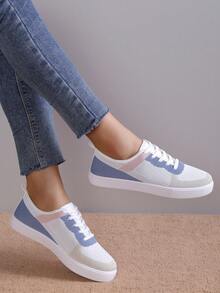 全新女款英倫風繫帶織品運動鞋,圓頭低筒厚底防滑鞋,時尚透氣厚底學生鞋 - 彩色 - 查看 3