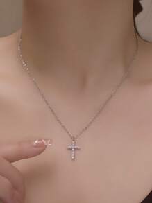 1入不鏽鋼掛墜項鍊，鑲有鋯石，適合女性日常佩戴 - 銀色 - 查看 2