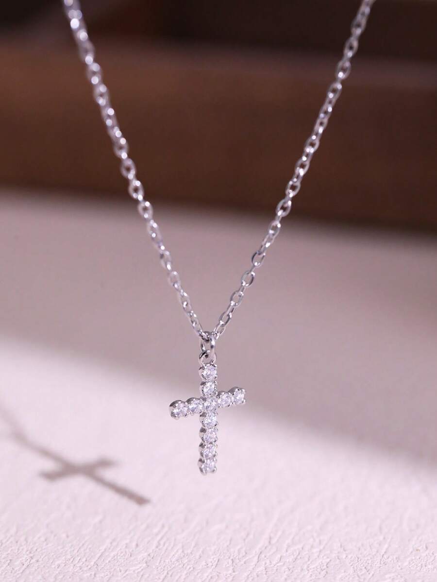 1入不鏽鋼掛墜項鍊，鑲有鋯石，適合女性日常佩戴 - 銀色 - 查看 1