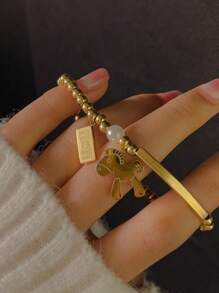 1入組「立即致富」馬設計手鍊,男女適用 - 金黃色 - 查看 5