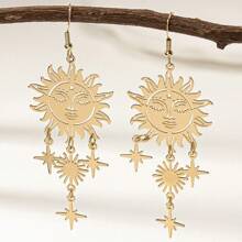 1pair Fashionable Exaggerated Large Metallic Earrings With Lightning Texture, Waterdrop, Sun, Moon, Stars For Women's Daily Wear And Party - Gold - View 4