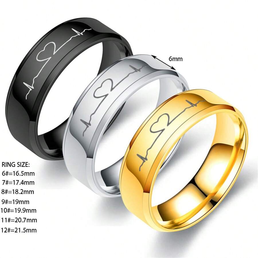 1對不鏽鋼情侶戒指,具有心電圖和心形設計,男女適用,絕佳禮物獻給自己和摯愛,精緻而奢華 - 彩色 - 查看 1