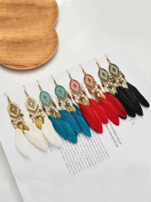 1對復古風格公雞羽毛耳環,刻花細節和珠子吊墜,適合女性日常佩戴 - 復古風 - 查看 11