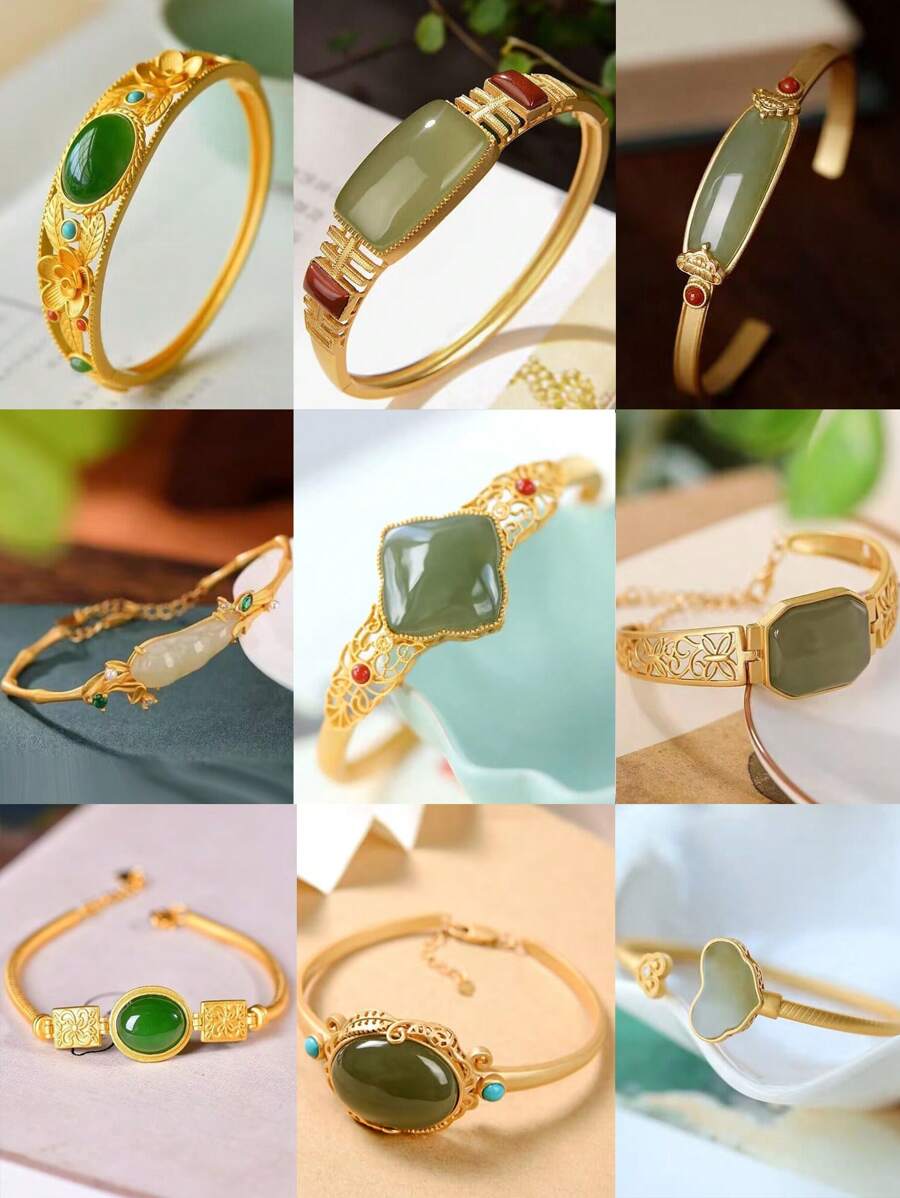 1入玉系列開口手環,采用綠松石、梅花與葉子造型,附有空心蝴蝶、好運豆和竹結,可日常佩戴和送禮 - 雙花蛋形玉石手鐲 - 查看 1