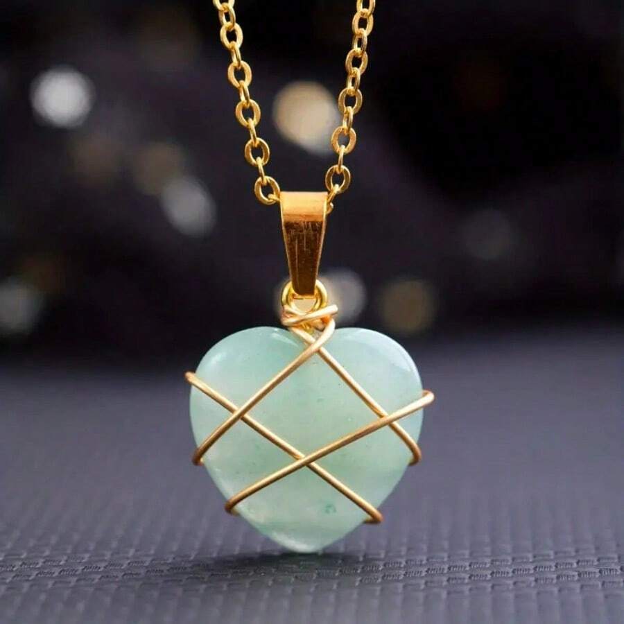 天然石頭心形吊墜,手工編織粉色水晶,白色玉髓,發光石項鍊,情人節禮物 - 綠色 - 查看 1