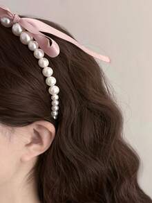 1pc Women's Romantic Pearl & Bowknot Headband With French Vintage Elegance For Daily Use - Pink - View 1