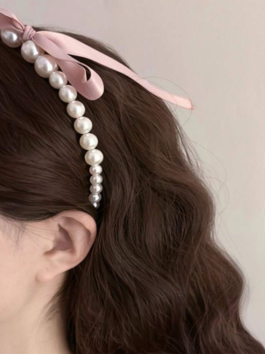 1pc Women's Romantic Pearl & Bowknot Headband With French Vintage Elegance For Daily Use - Pink - View 1