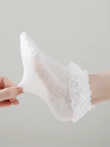 1對白色花朵蕾絲設計透氣網眼和魚網防滑襪,適合日常穿著 - 彩色 - 查看 7