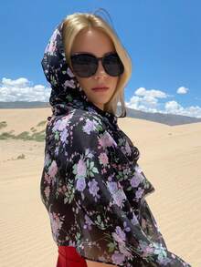 1pc Lady's Chiffon Sunscreen Scarf Thin Shawl For Travel And Photography, Design - Black - View 2