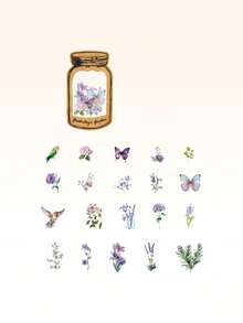 CANDY POETRY 1包/60張日記貼紙,蝴蝶和花朵插畫裝飾,節日diy拼貼材料,創意文具,適用於剪貼簿和學校用途 - 紫色 - 查看 10