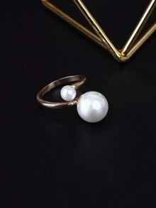 1 件時尚個性簡約優雅金屬球香檳色人造珍珠雙球開口女式戒指,多色 - 金黃色 - 查看 2