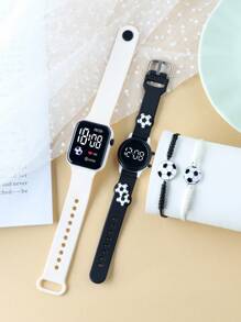 4件套男童时尚经典足球数字方形LED儿童手表，适合电子手表圆形腕带和合金手工足球手环，适合开学、日常生活、运动、上学、聚会和旅行。适合作为朋友礼物、生日礼物、毕业季礼物。它是送给男孩的完美礼物。 - 彩色 - 查看 2