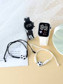 4件套男童时尚经典足球数字方形LED儿童手表，适合电子手表圆形腕带和合金手工足球手环，适合开学、日常生活、运动、上学、聚会和旅行。适合作为朋友礼物、生日礼物、毕业季礼物。它是送给男孩的完美礼物。 - 彩色 - 查看 3