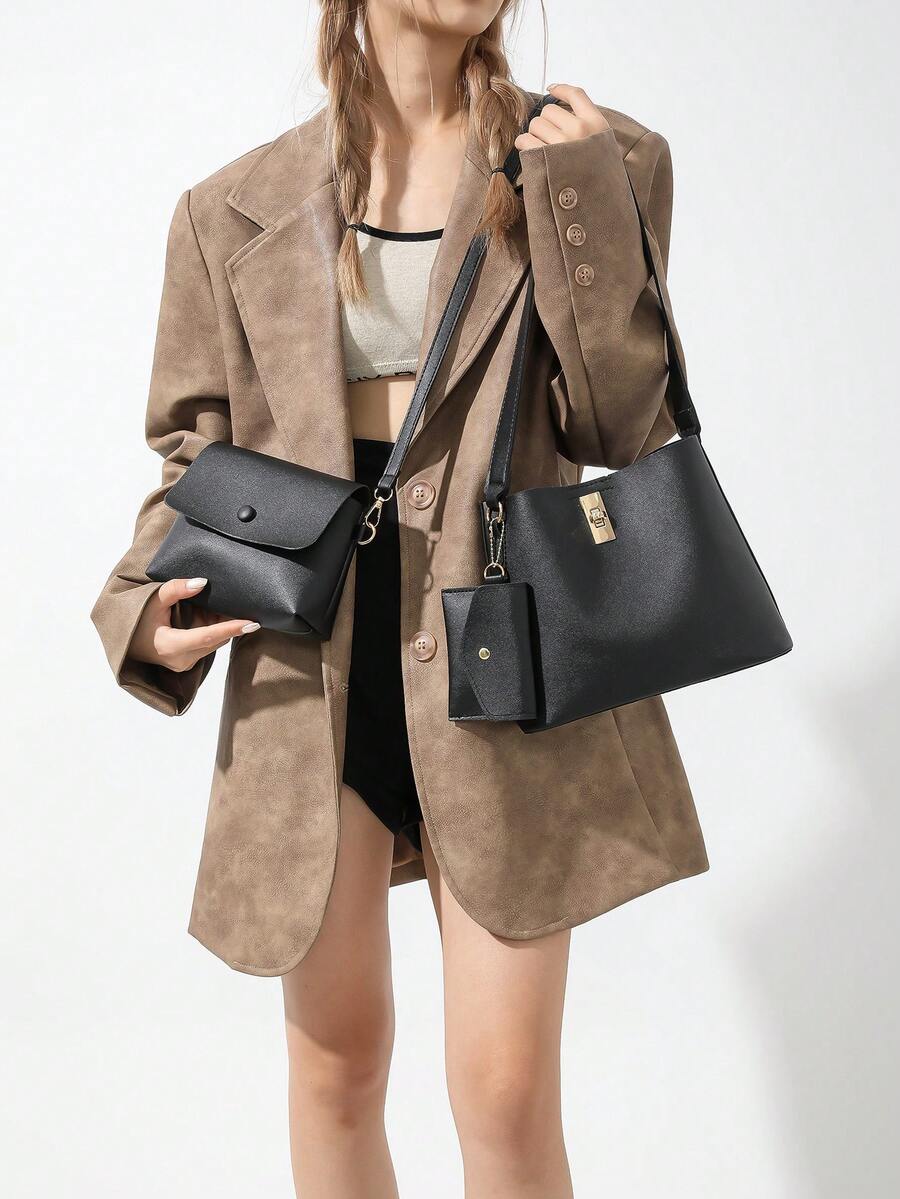 3pcs/Set Twist Lock Closure Pu Leather Solid Color Large Capacity Tote Bag, Shoulder Bag, Crossbody Bag, Wallet, Suitable For Women Daily Use And Gift Giving - Black - View 1