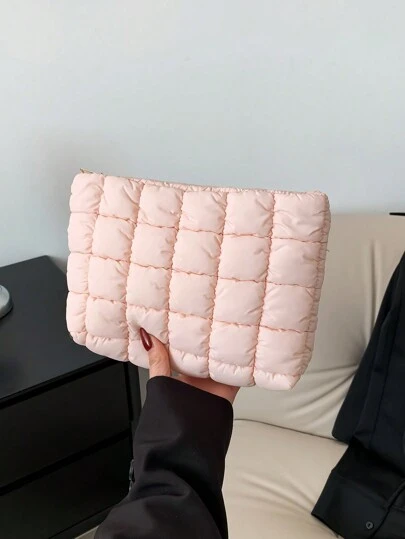 Bolsa de maquillaje con patrón de cuadrícula de moda, embrague casual, bolsa acolchada y cálida con costura elástica, organizador de maquillaje, bolsa de maquillaje pequeña y acogedora para viajes, estuche de maquillaje, accesorios, suministros escolares