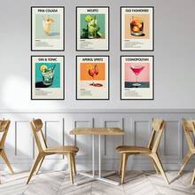 6入組經典酒車裝飾,包含描述酒精飲料成分的海報,流行雞尾酒海報,丹麥淡雅酒精飲料畫布藝術,色彩繽紛的時尚牆面藝術畫,適用於酒吧派對、大學宿舍公寓等場合,無畫框 - 彩色 - 查看 3