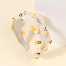 1pc Valentine's Day Heart Shaped Hairband With Wide Knot, Rhinestone & Pearl Decor, Soft Fabric, Fashionable Sweet Girl Headband For Festivals, Parties, And Daily Wear - Yellow - View 9