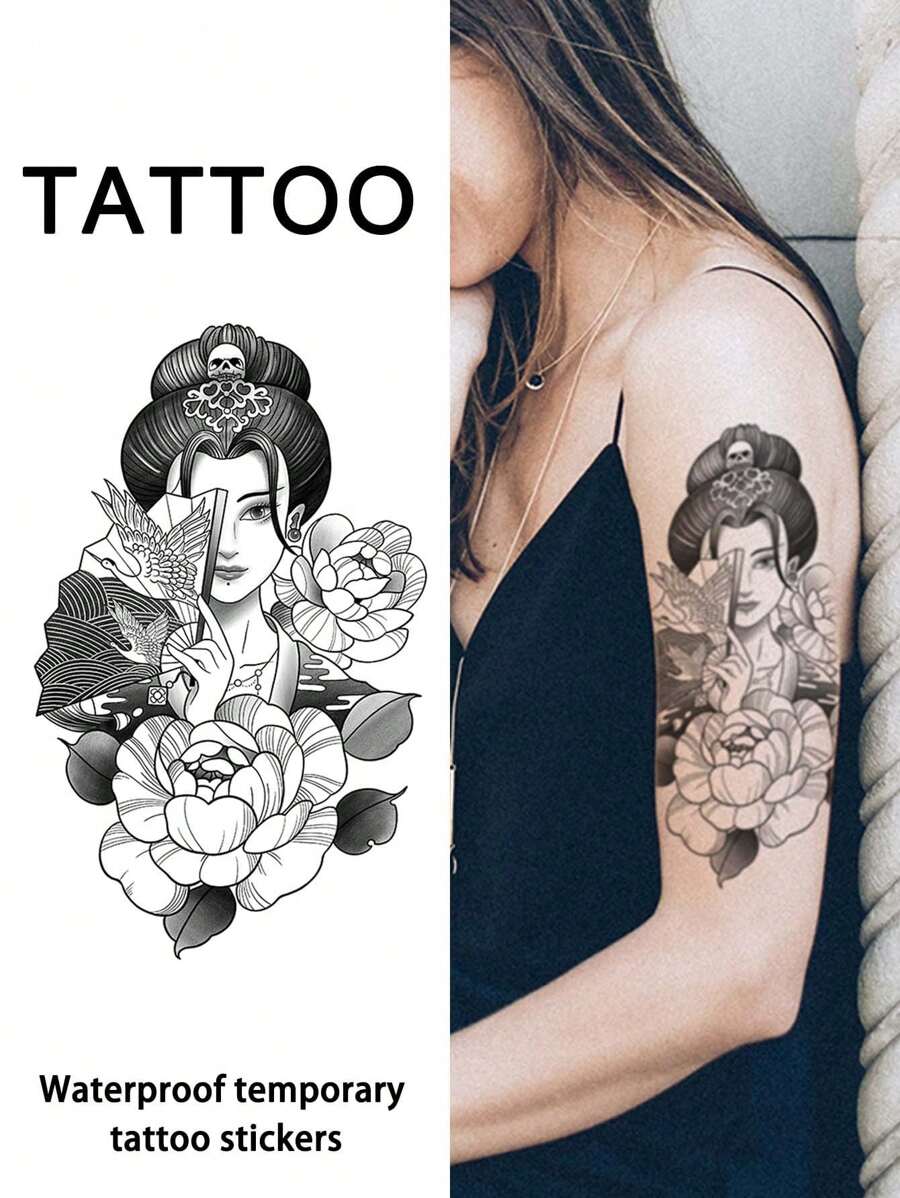 1 Piece Geisha Tattoo Sticker Waterproof Long-Lasting Sexy For Girls Arm - Black - View 1