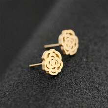 18k簡約風格中的空心玫瑰形耳針,歐美時尚,鍍金不鏽鋼材質 - 金色 - 查看 2