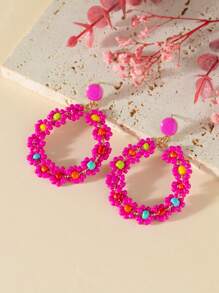 1對歐美風格時尚女士手工編織花&米珠耳環 - 玫紅色 - 查看 1