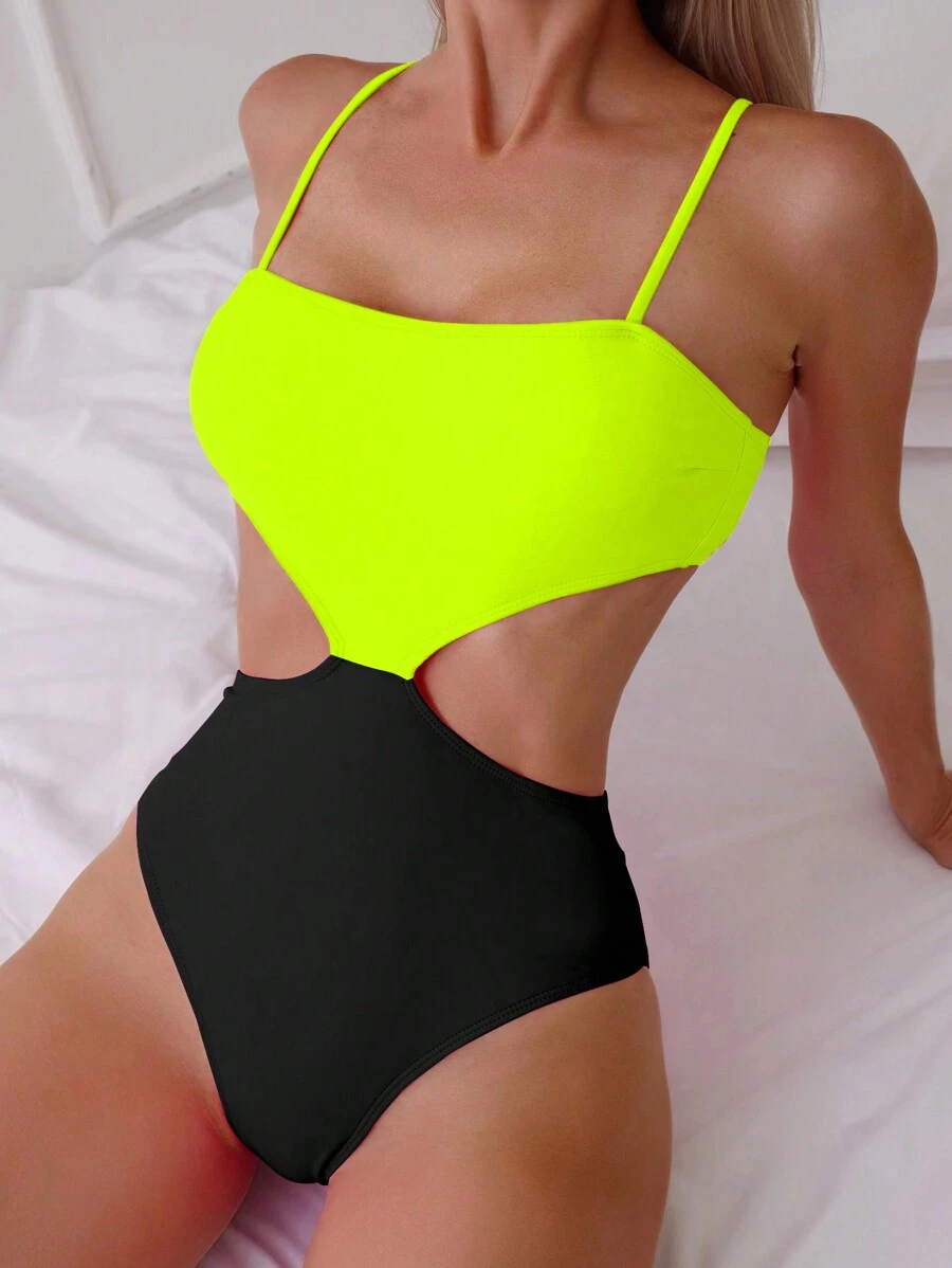 Fluorescent Green Color Block Hollow Out Cami Swimsuit Summer - Black + Fluorescent Green - View 1