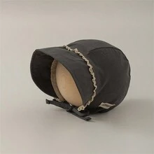 新生嬰兒護耳帽春秋純色防風帽搭配肩帶時尚宮廷風3-24個月38-48cm - 灰色 - 查看 4