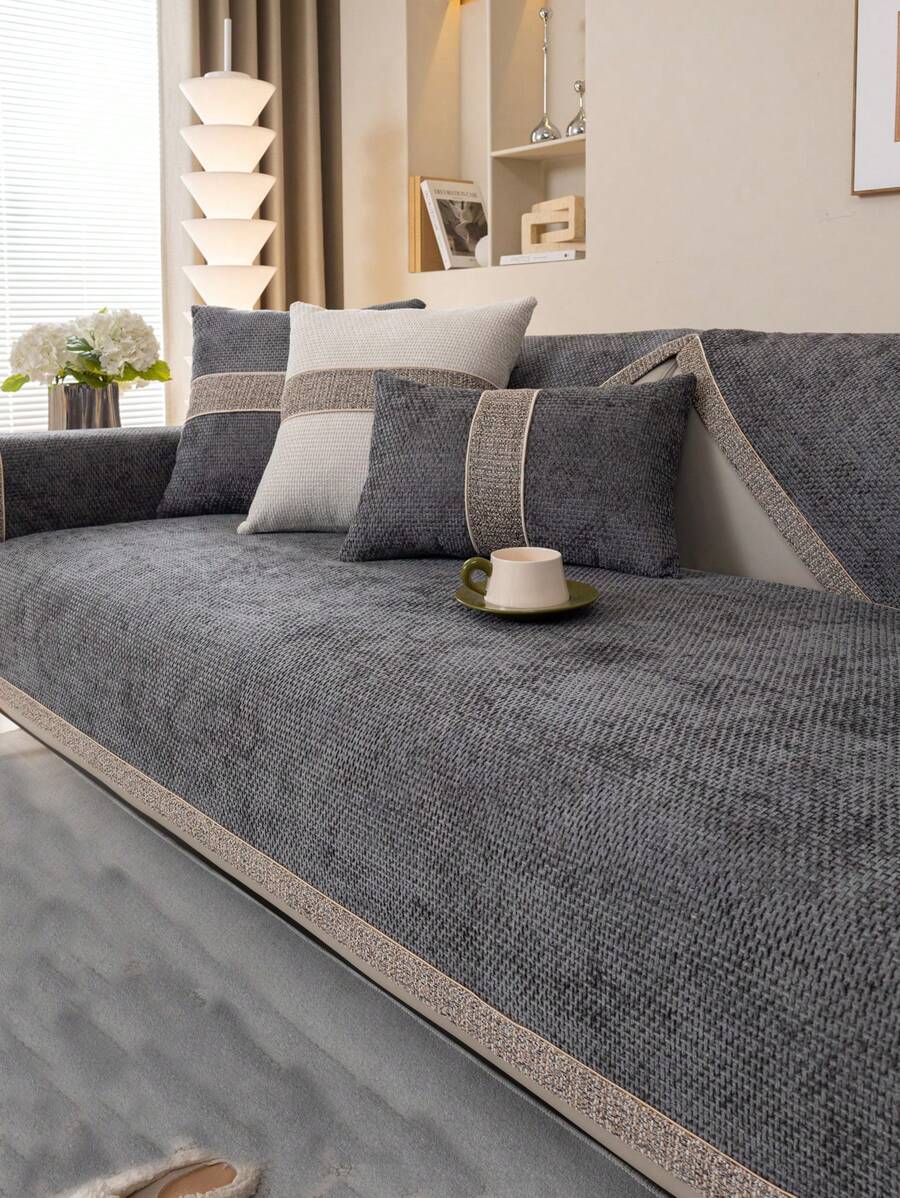 1pc Universal All Seasons Chenille Sofa Cushion Modern Simple Slip-Resistant Sofa Cover With Dust Proof & Dirty Resistant Function, Grey, Washable By Machine - Màu xám đen - Xem 1