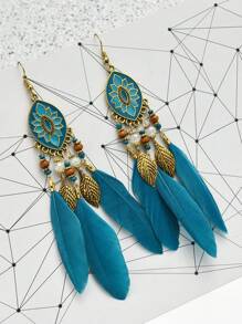 1對復古風格公雞羽毛耳環,刻花細節和珠子吊墜,適合女性日常佩戴 - 復古風 - 查看 6