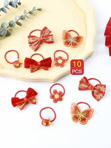 10pcs Children's Hair Accessories Red Fabric Bowknot Elastic Hair Ties - Multicolor - View 6